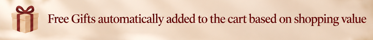 Free gifts banner with gift box icon over a warm beige photographic background